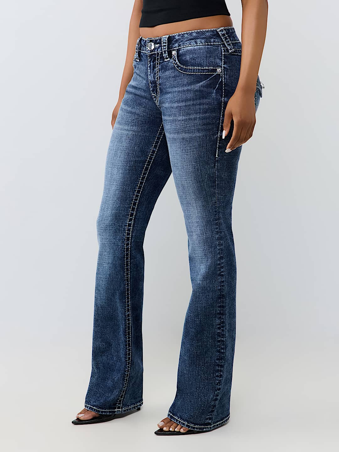 BECCA MID RISE CRYSTAL BIG T FLAP BOOTCUT JEAN