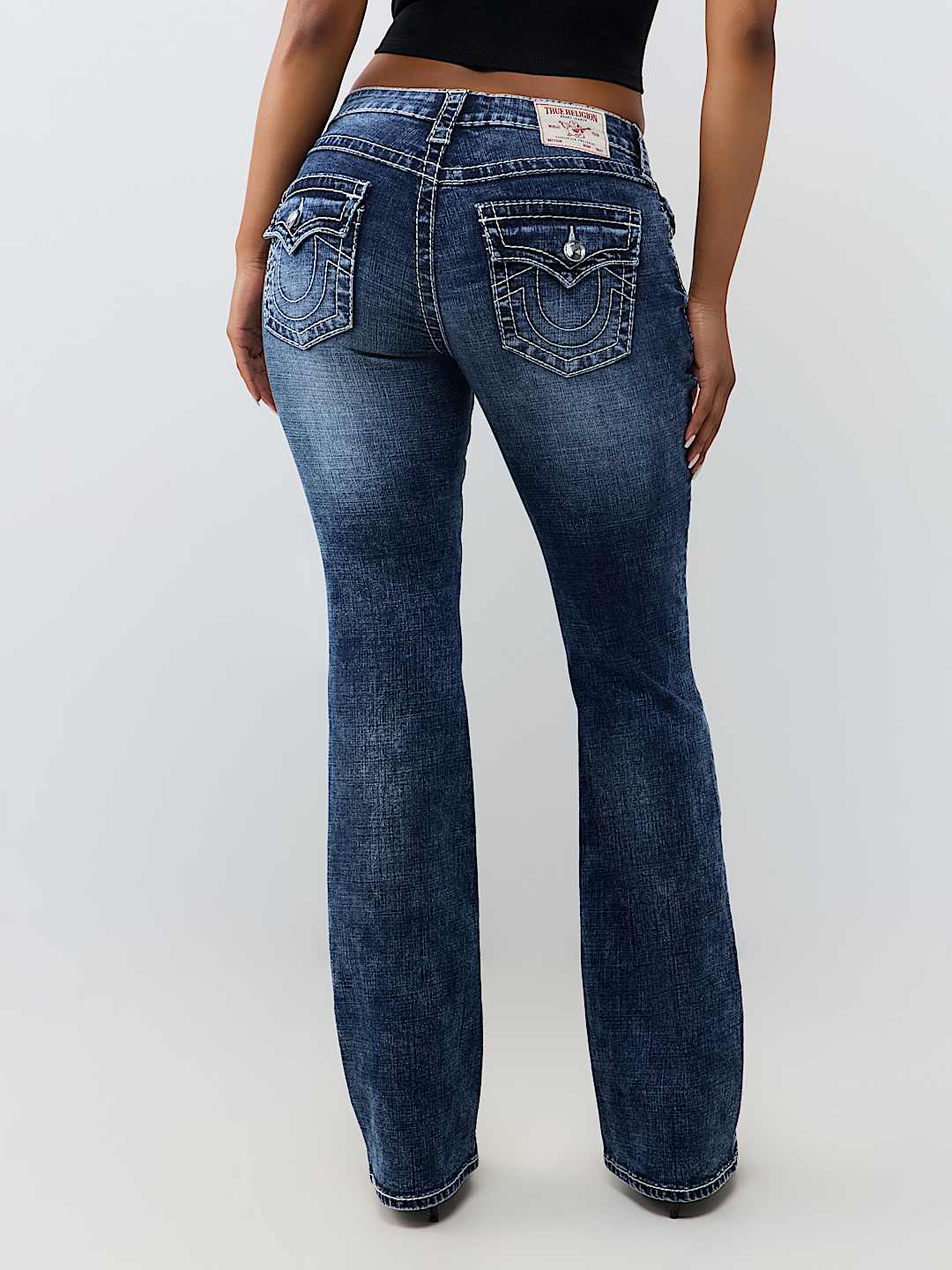 BECCA MID RISE CRYSTAL BIG T FLAP BOOTCUT JEAN