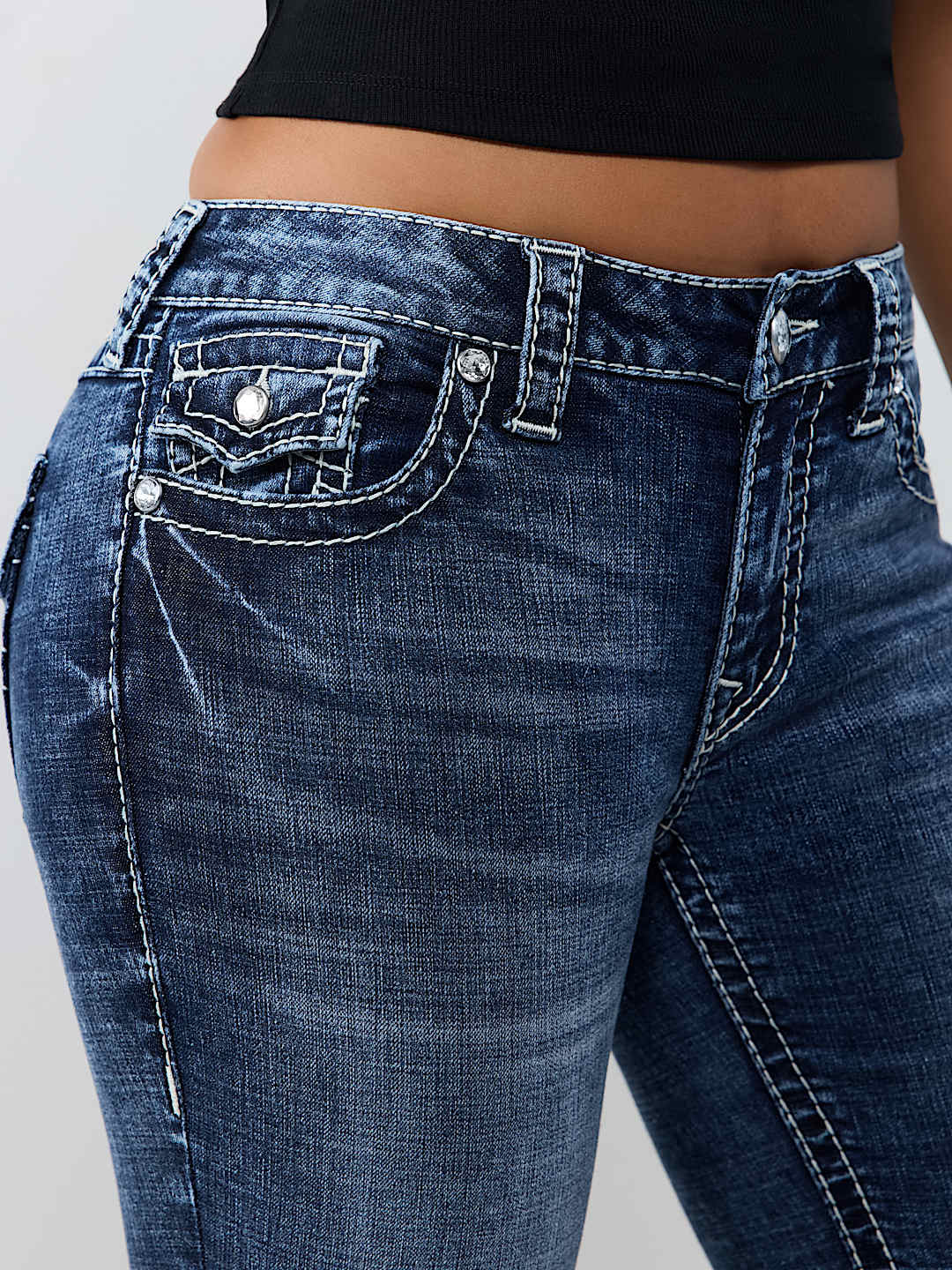 BECCA MID RISE CRYSTAL BIG T FLAP BOOTCUT JEAN
