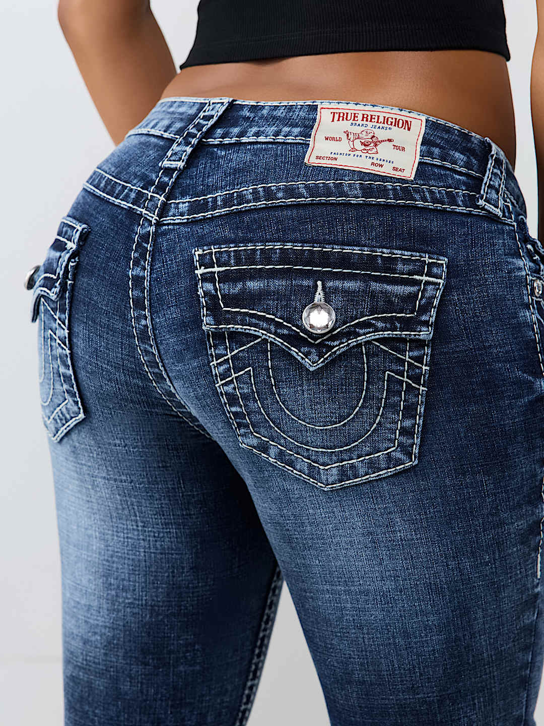 BECCA MID RISE CRYSTAL BIG T FLAP BOOTCUT JEAN