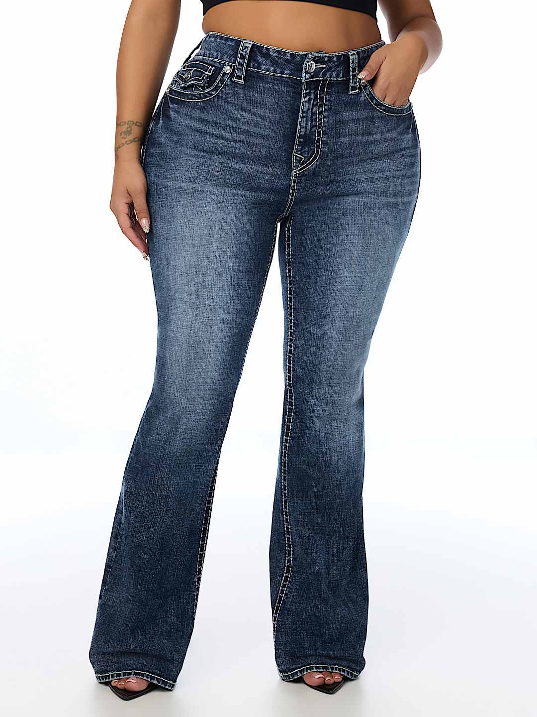 PLUS BECCA MID RISE CRYSTAL BIG T FLAP BOOTCUT JEAN