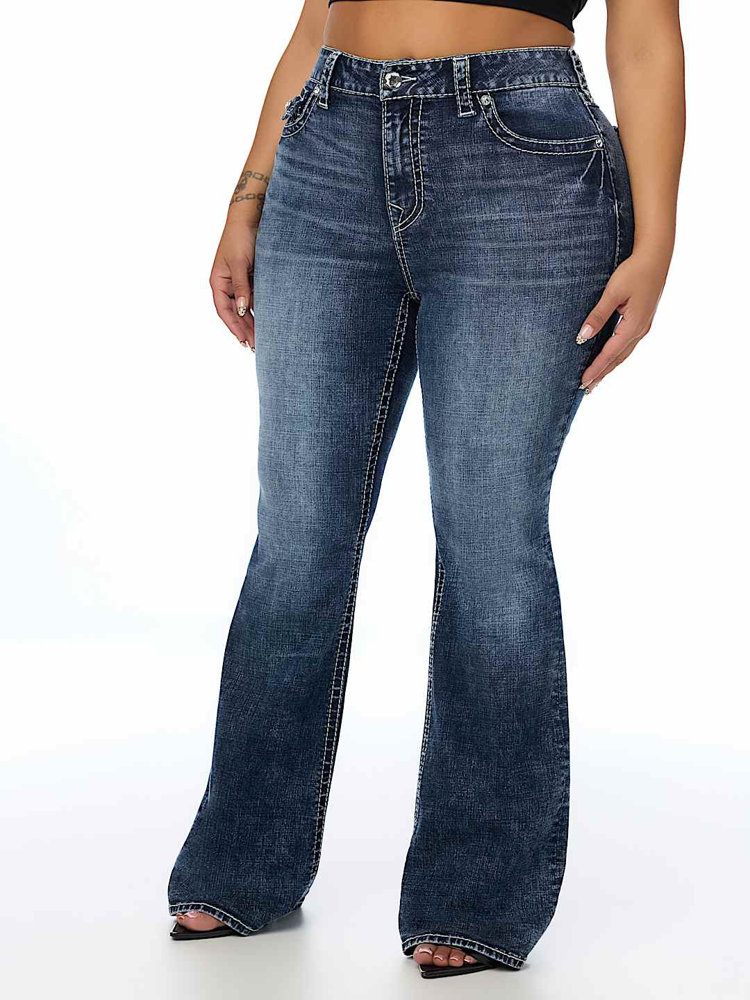 PLUS BECCA MID RISE CRYSTAL BIG T FLAP BOOTCUT JEAN