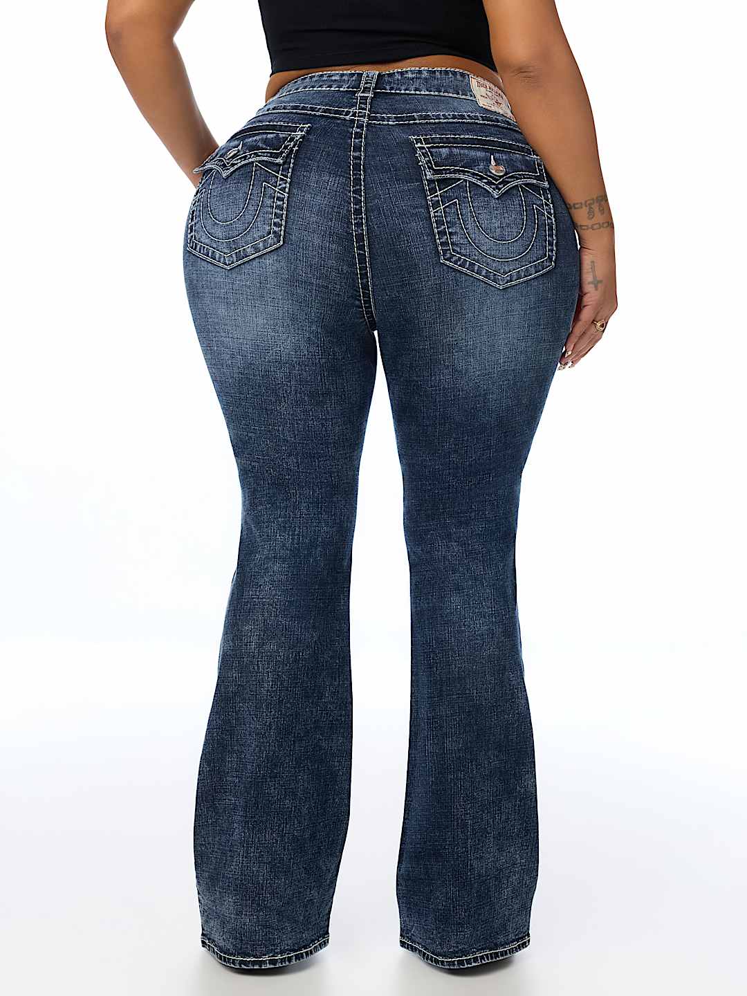 PLUS BECCA MID RISE CRYSTAL BIG T FLAP BOOTCUT JEAN