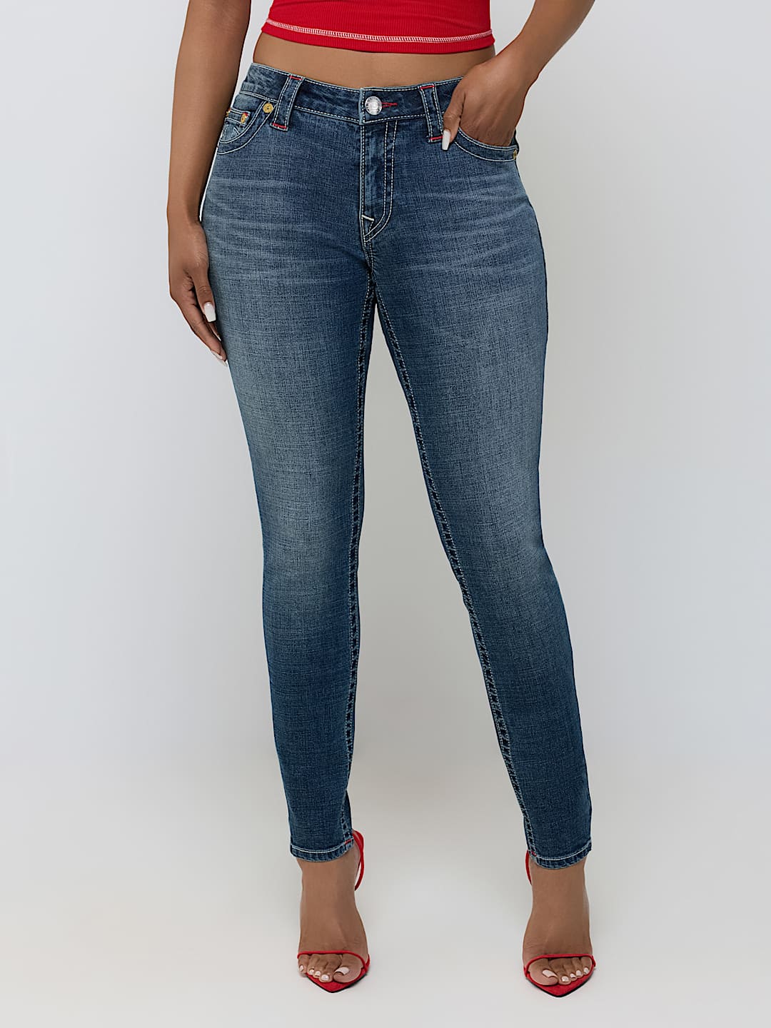 JENNIE MID RISE EMBROIDERED CURVY SKINNY JEAN