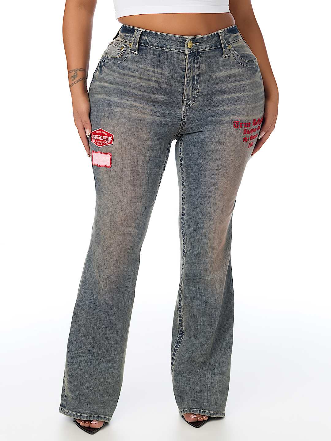 PLUS BECCA MID RISE PATCH BOOTCUT JEAN