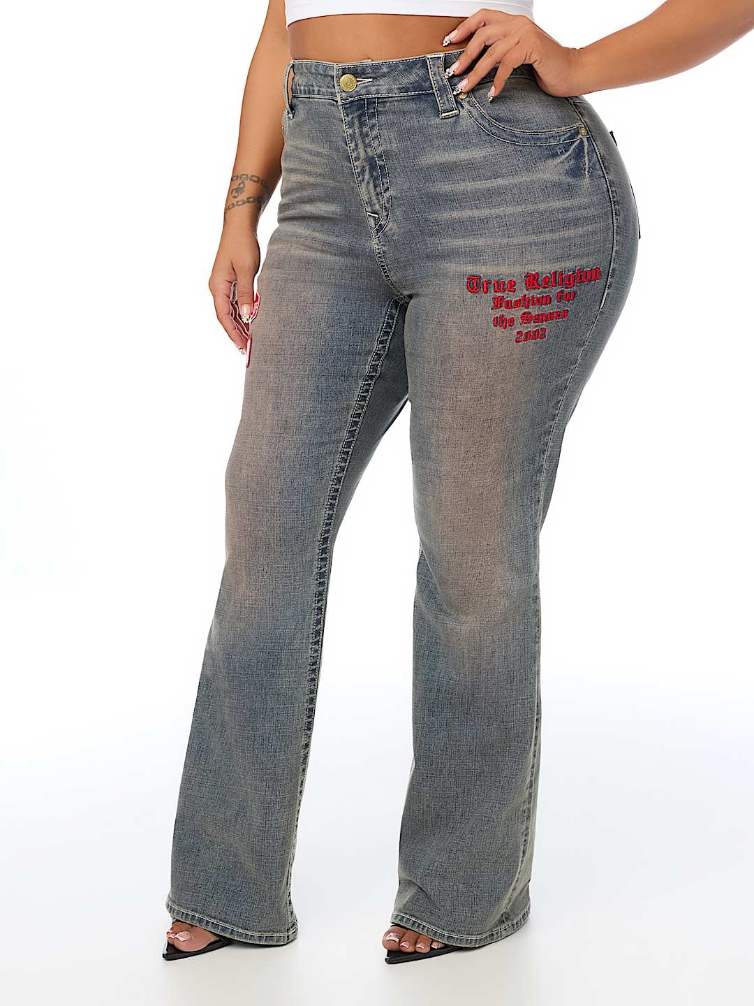 PLUS BECCA MID RISE PATCH BOOTCUT JEAN