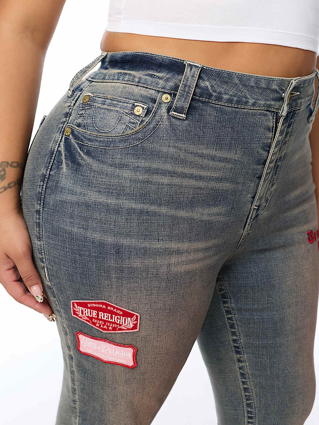PLUS BECCA MID RISE PATCH BOOTCUT JEAN