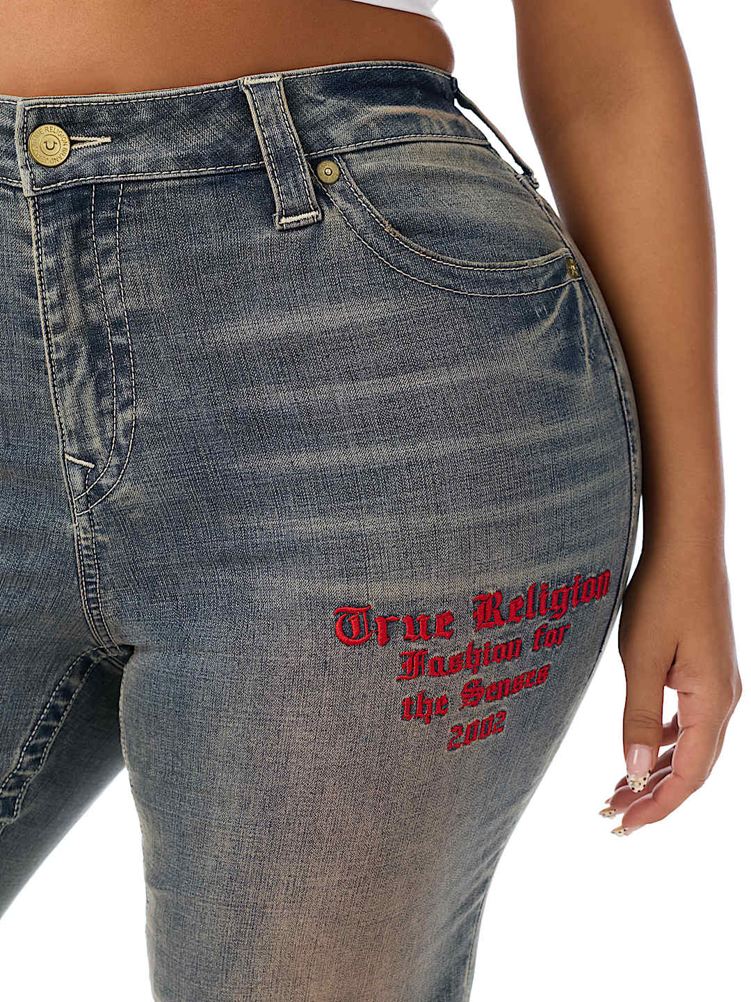 PLUS BECCA MID RISE PATCH BOOTCUT JEAN