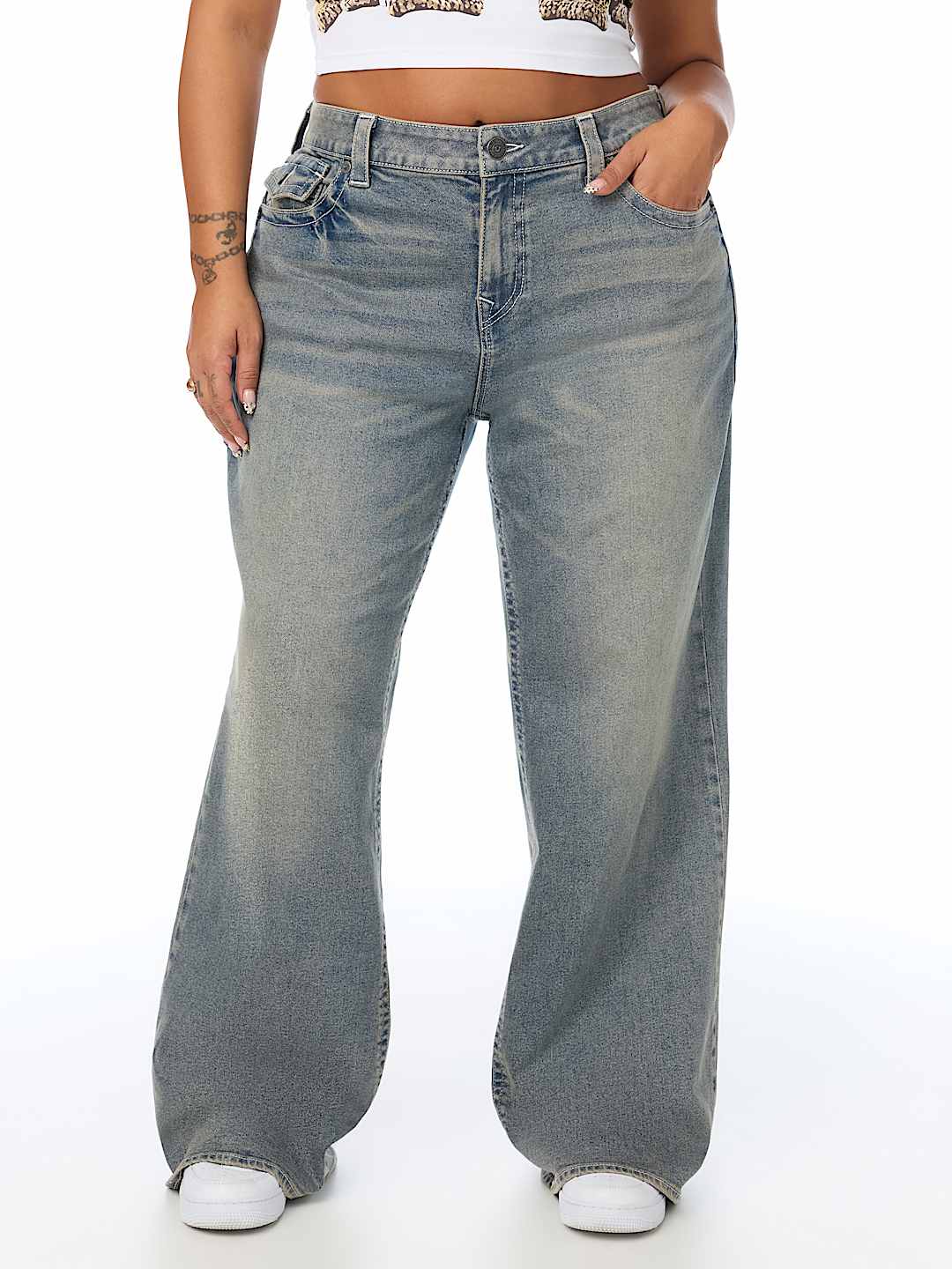PLUS BOBBI MID RISE LOGO SCRIPT FLAP BAGGY JEAN