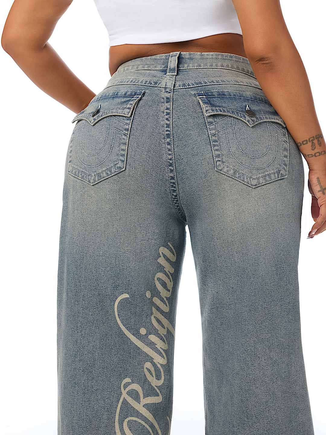 PLUS BOBBI MID RISE LOGO SCRIPT FLAP BAGGY JEAN