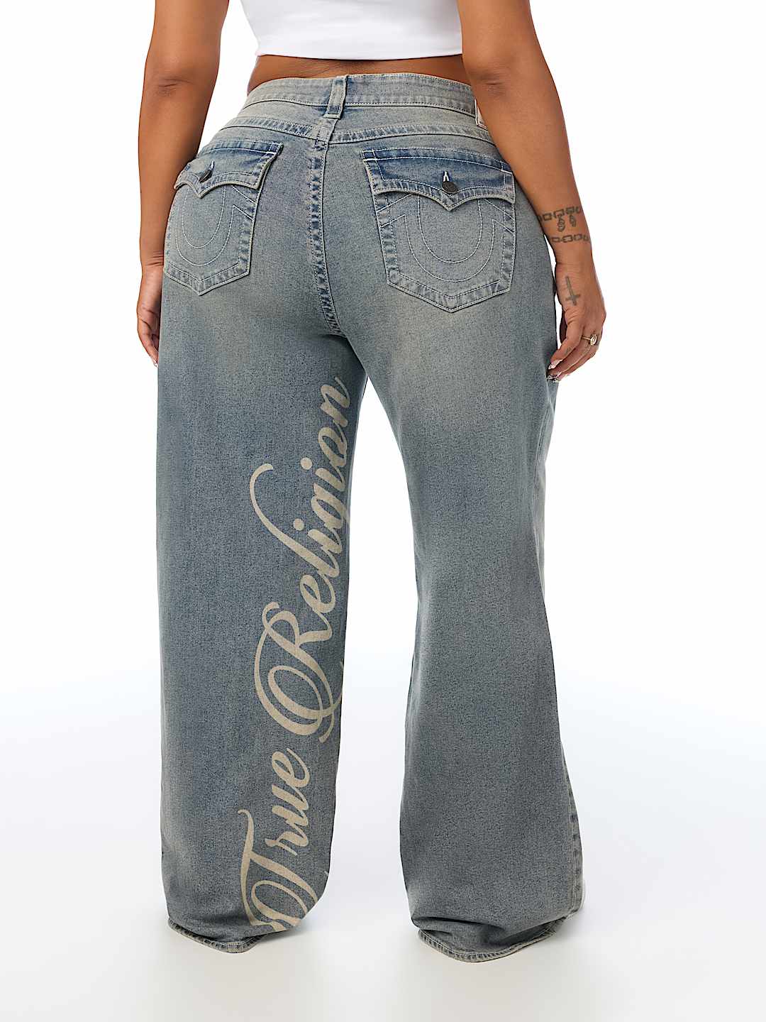 PLUS BOBBI MID RISE LOGO SCRIPT FLAP BAGGY JEAN