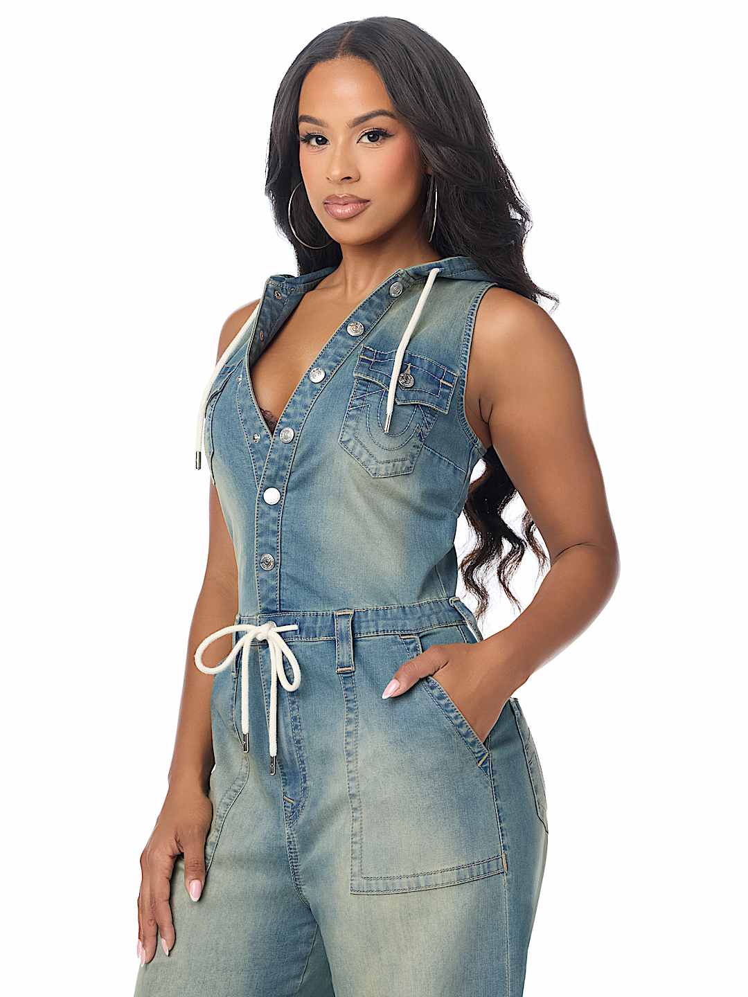DENIM HOODED CARGO JUMPSUIT