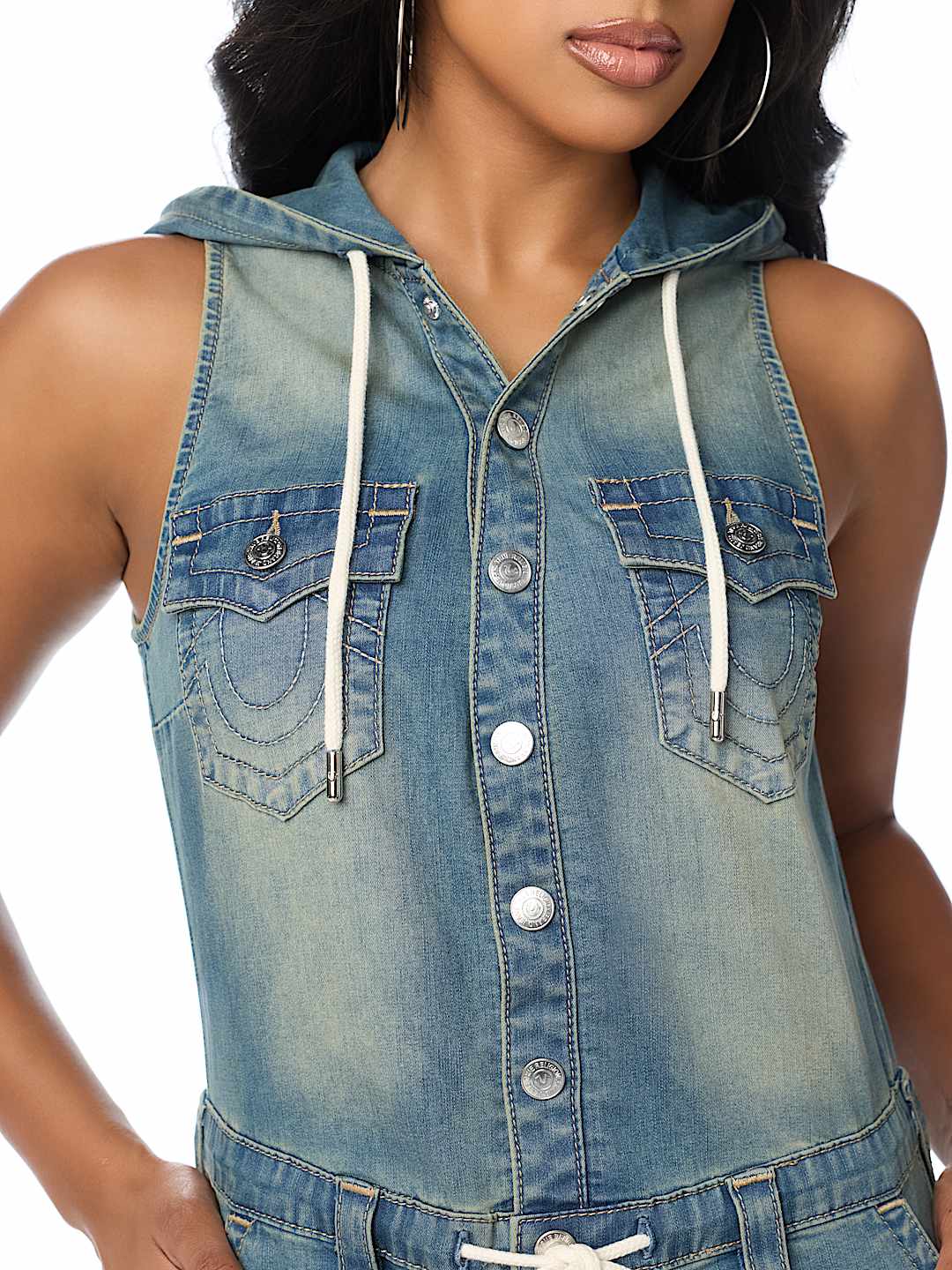DENIM HOODED CARGO JUMPSUIT