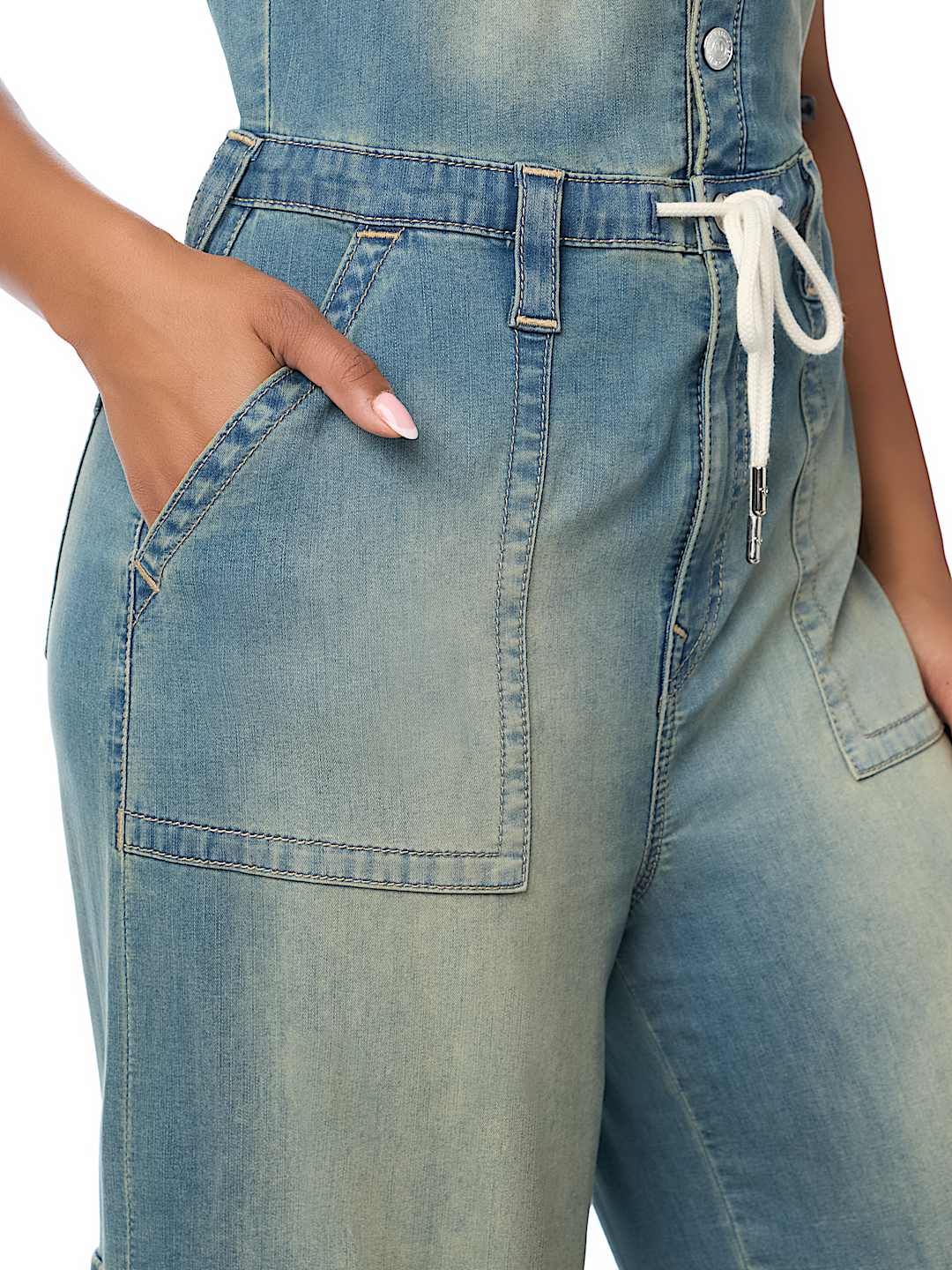 DENIM HOODED CARGO JUMPSUIT