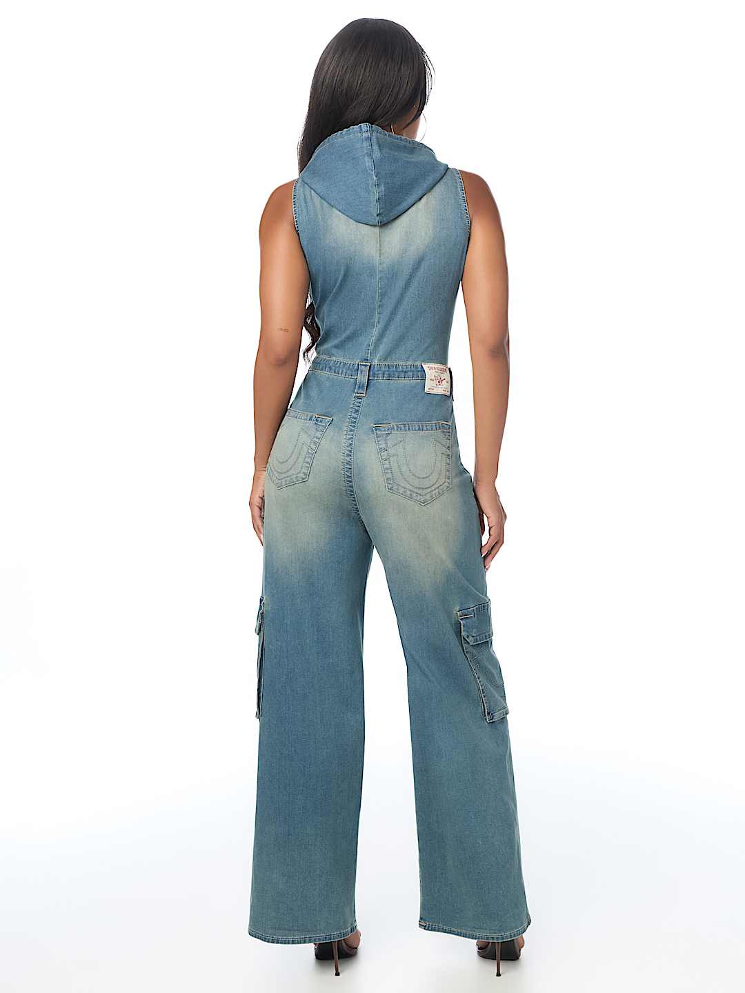 DENIM HOODED CARGO JUMPSUIT