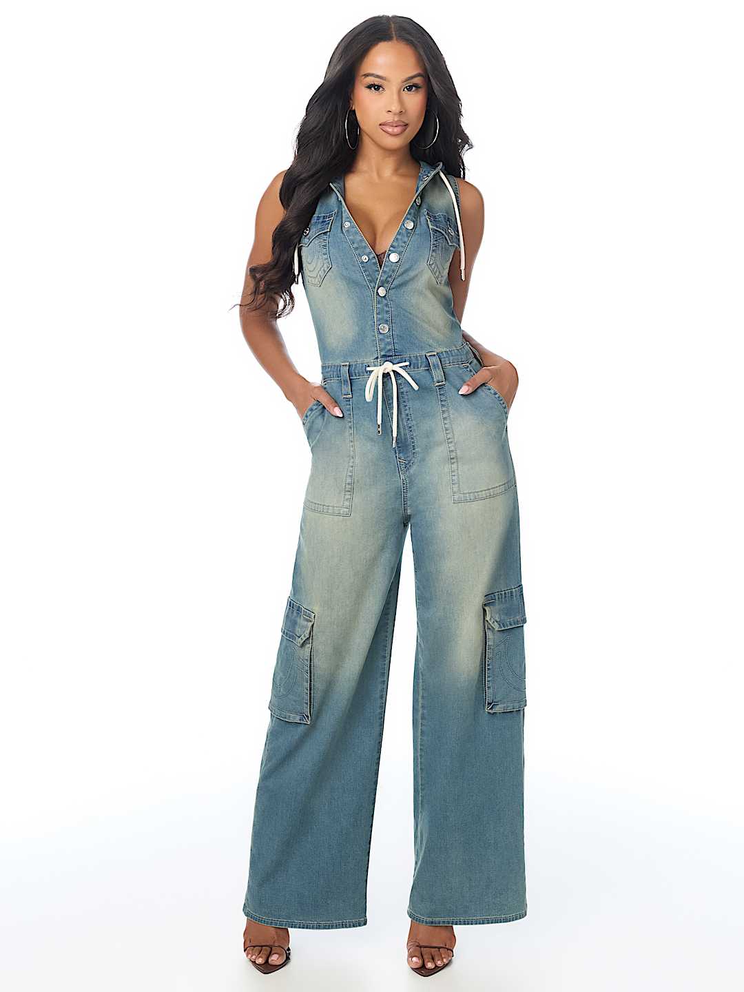 DENIM HOODED CARGO JUMPSUIT