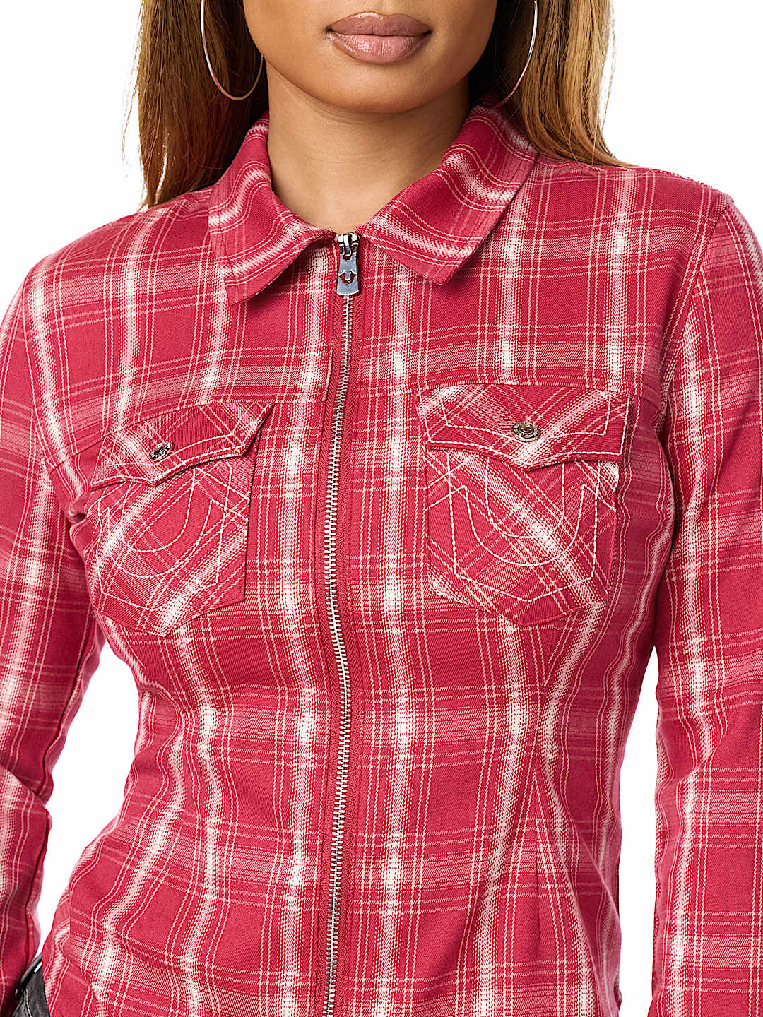 DOUBLE-ZIP EMBROIDERED PLAID SHIRT