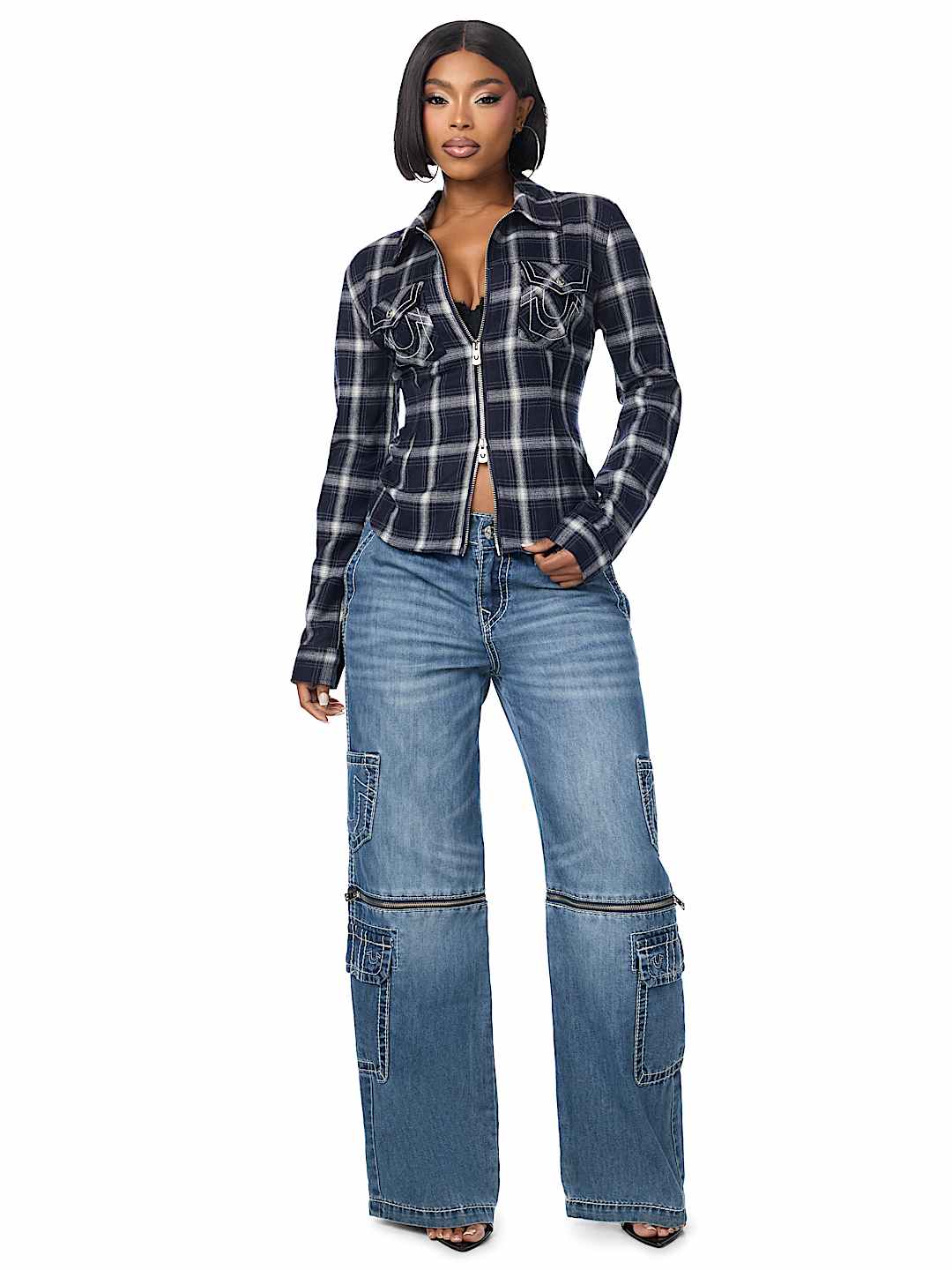 DOUBLE-ZIP EMBROIDERED PLAID SHIRT