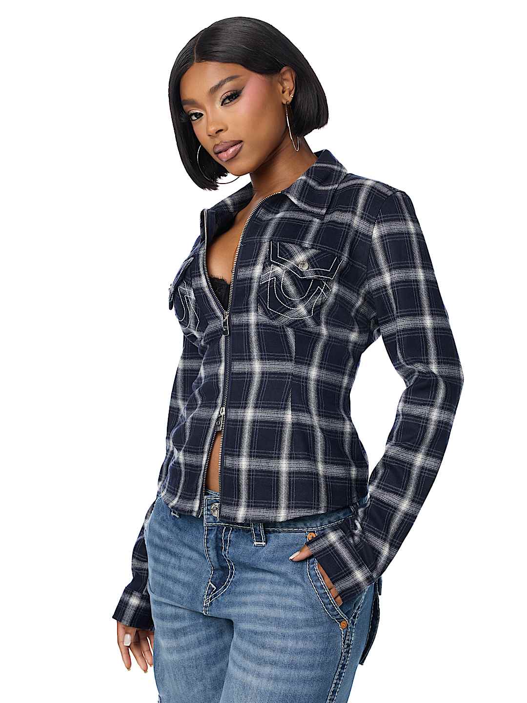 DOUBLE-ZIP EMBROIDERED PLAID SHIRT