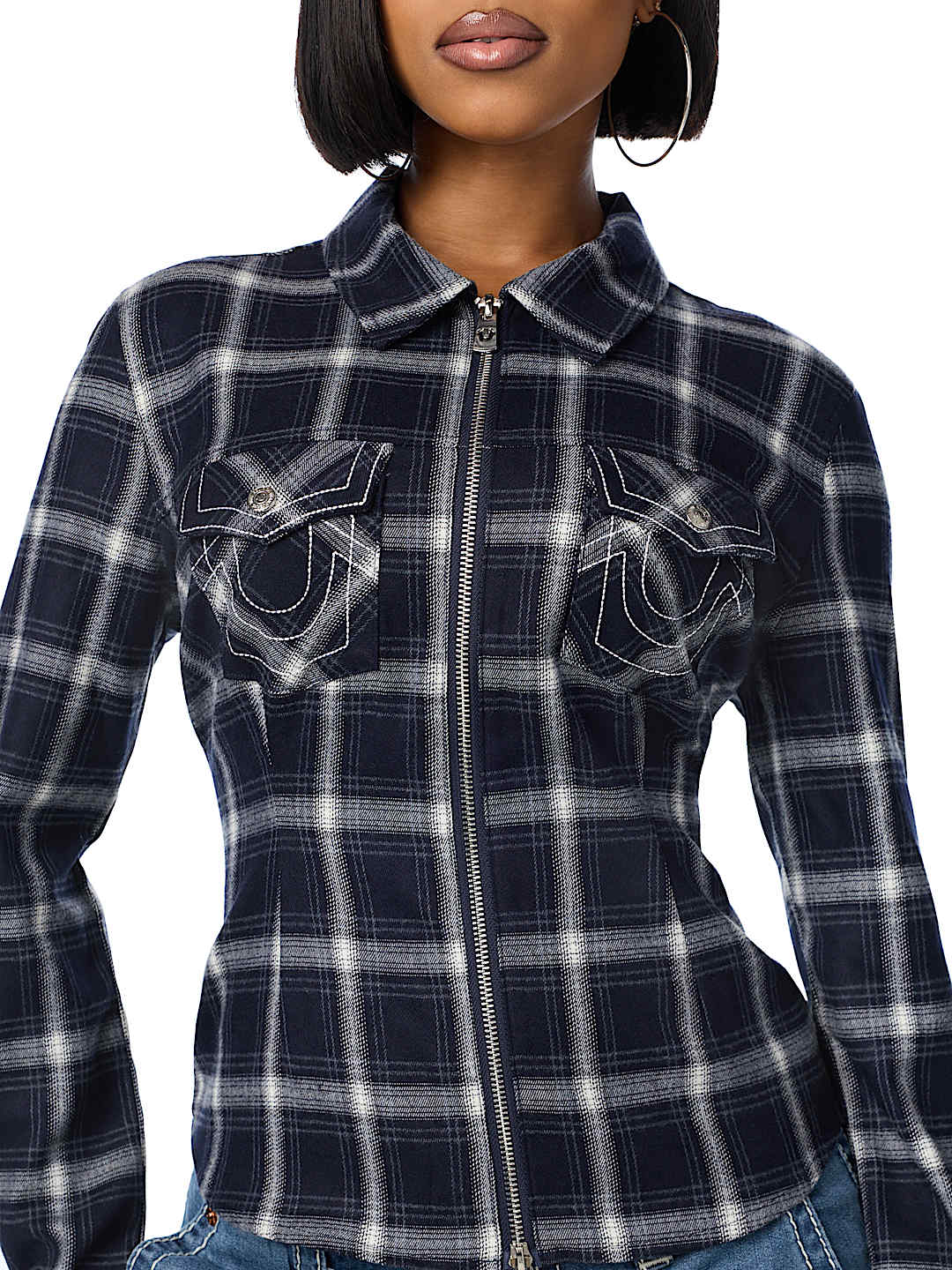 DOUBLE-ZIP EMBROIDERED PLAID SHIRT