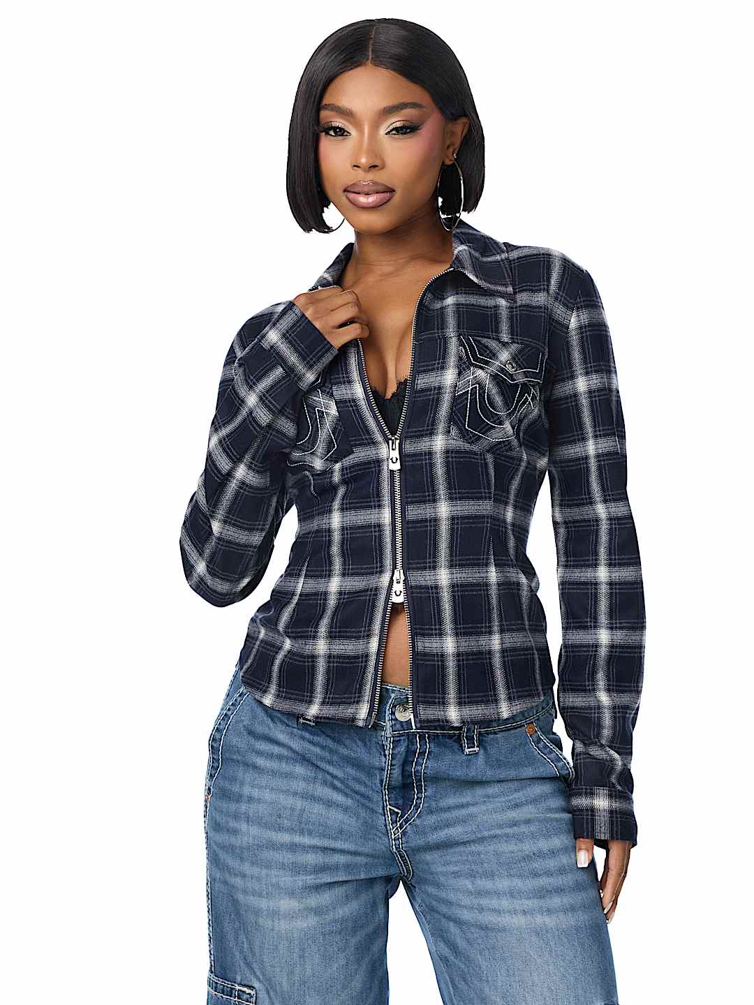 DOUBLE-ZIP EMBROIDERED PLAID SHIRT