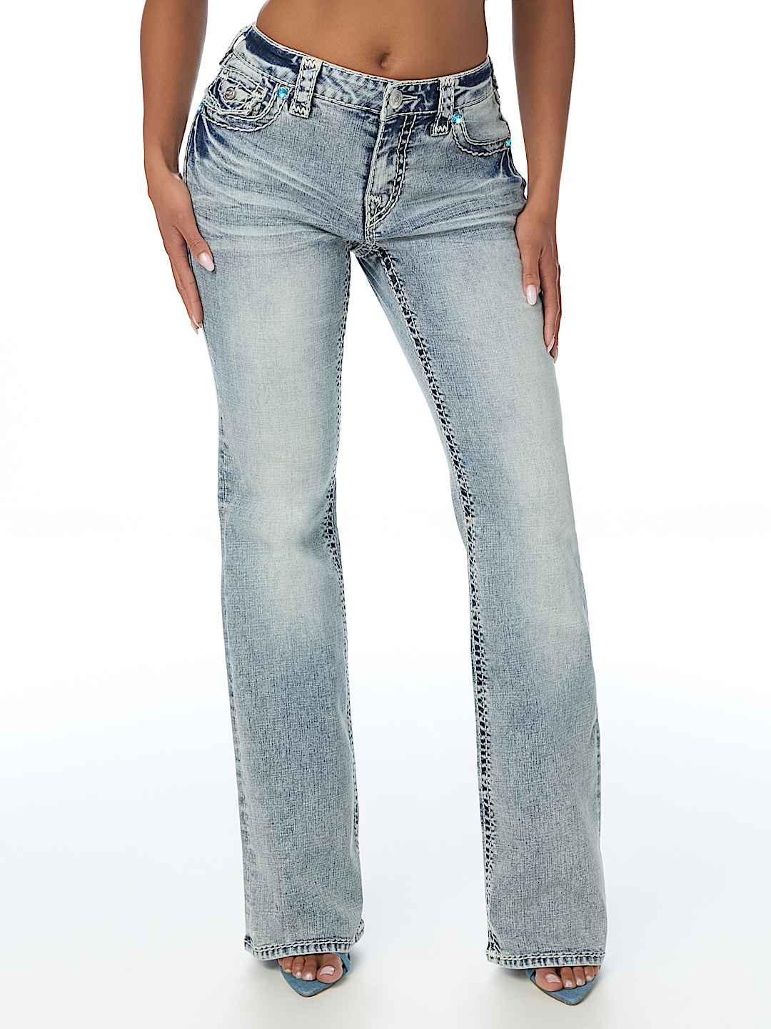 BECCA MID RISE CRYSTAL SUPER T FLAP BOOTCUT JEAN