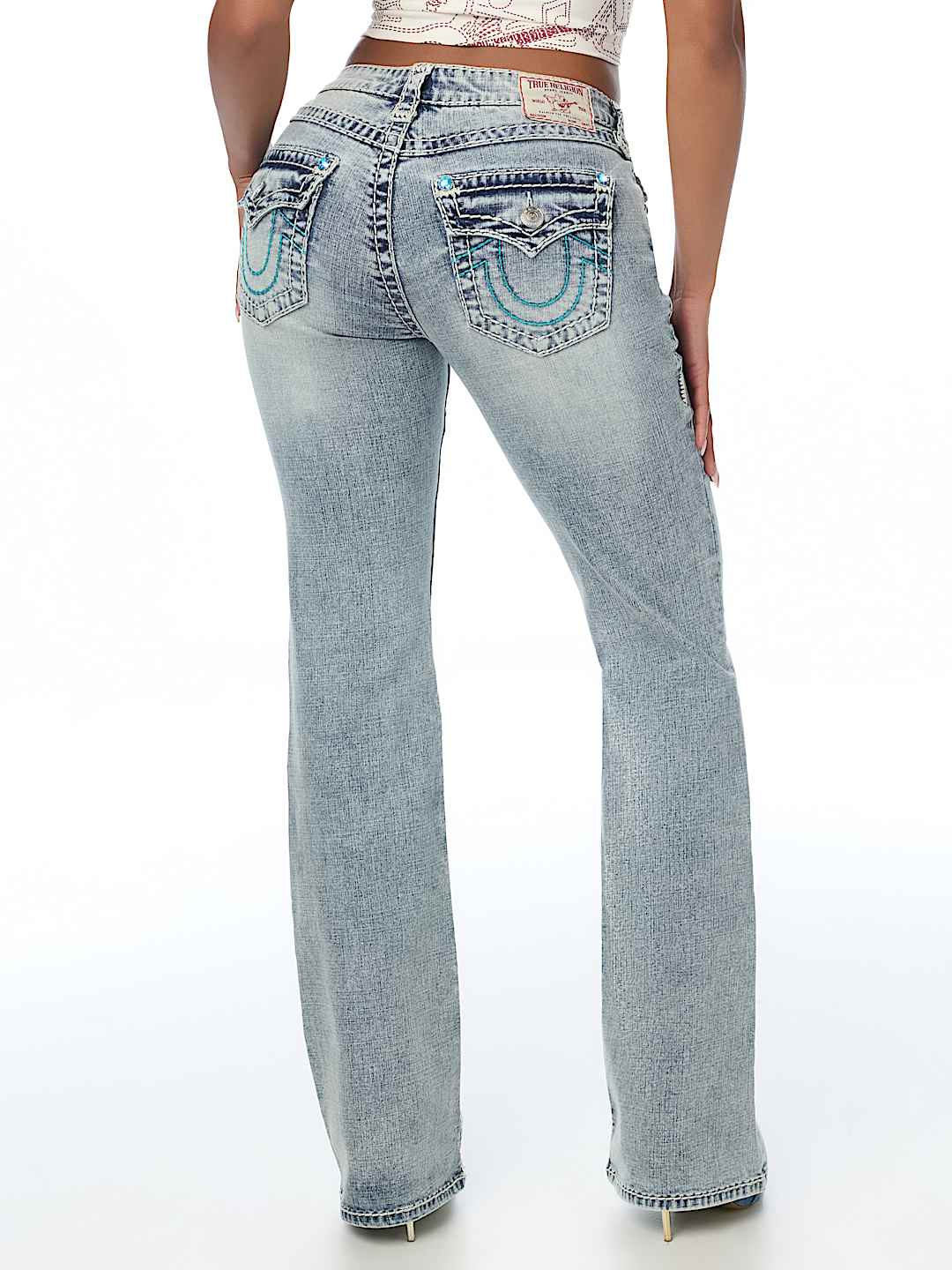 BECCA MID RISE CRYSTAL SUPER T FLAP BOOTCUT JEAN