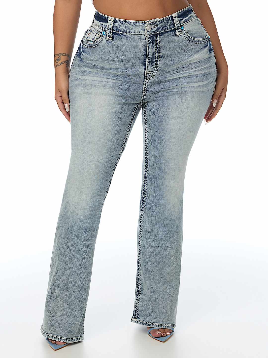 PLUS BECCA MID RISE CRYSTAL SUPER T FLAP BOOTCUT JEAN