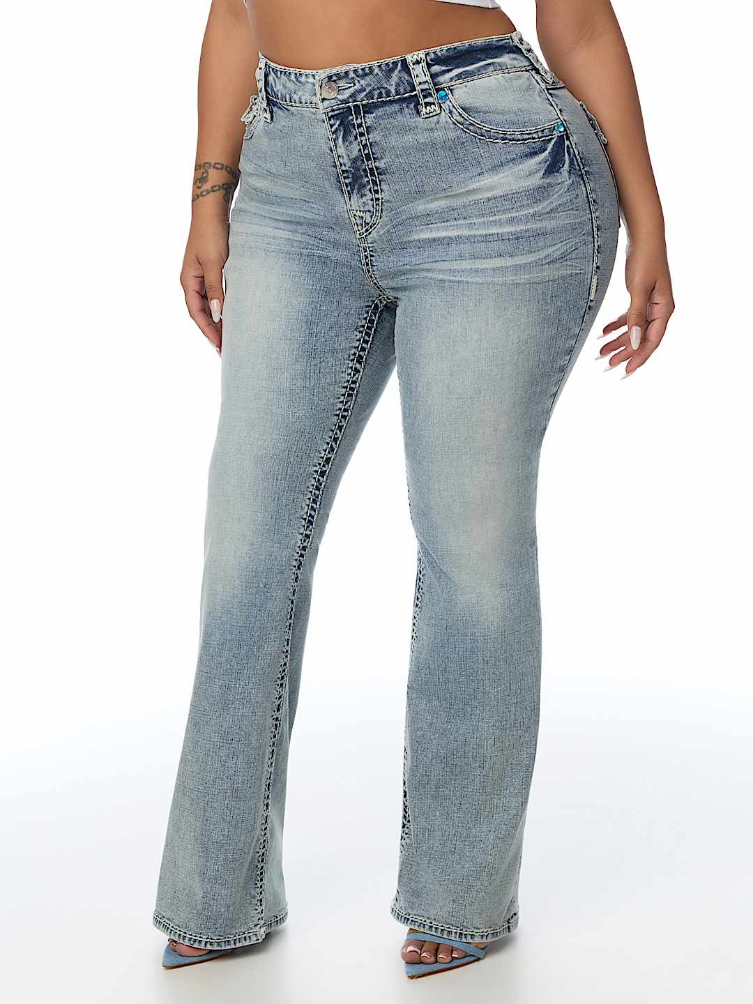 PLUS BECCA MID RISE CRYSTAL SUPER T FLAP BOOTCUT JEAN