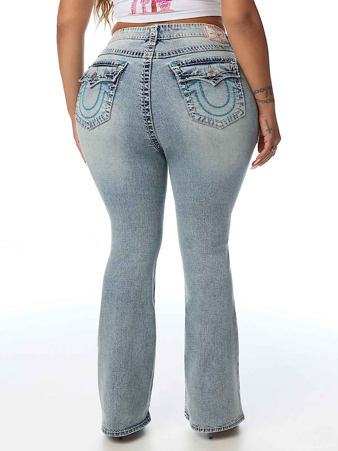 PLUS BECCA MID RISE CRYSTAL SUPER T FLAP BOOTCUT JEAN