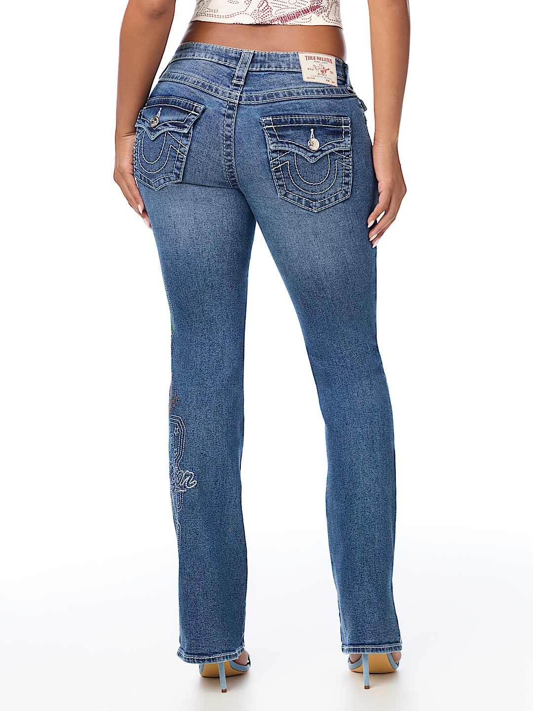 BECCA MID RISE EMBROIDERED BIG T FLAP BOOTCUT JEAN