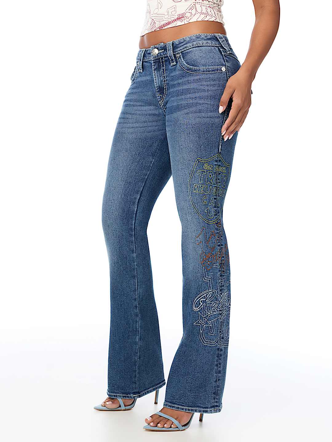 BECCA MID RISE EMBROIDERED BIG T FLAP BOOTCUT JEAN