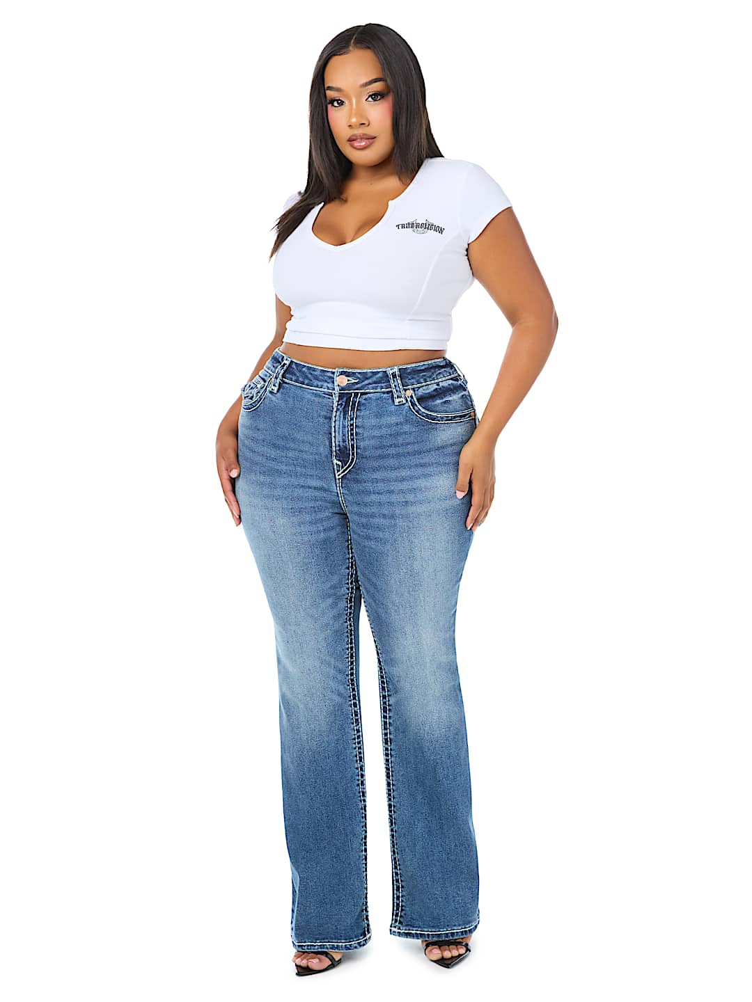 PLUS BECCA MID RISE WING SUPER T FLAP BOOTCUT JEAN