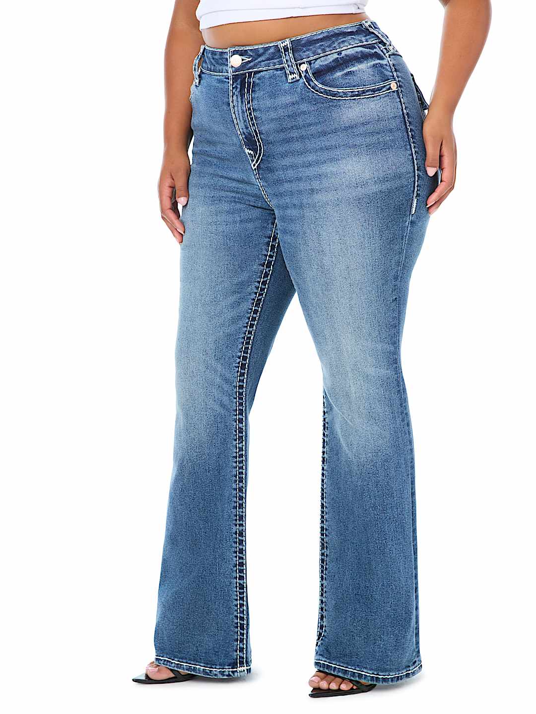 PLUS BECCA MID RISE WING SUPER T FLAP BOOTCUT JEAN