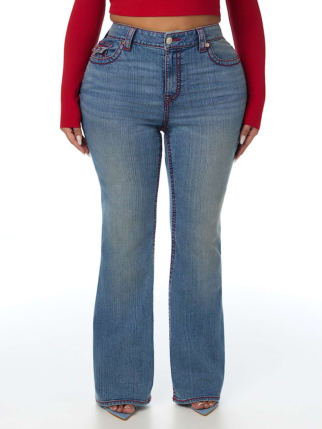 PLUS BECCA MID RISE BIG T FLAP BOOTCUT JEAN