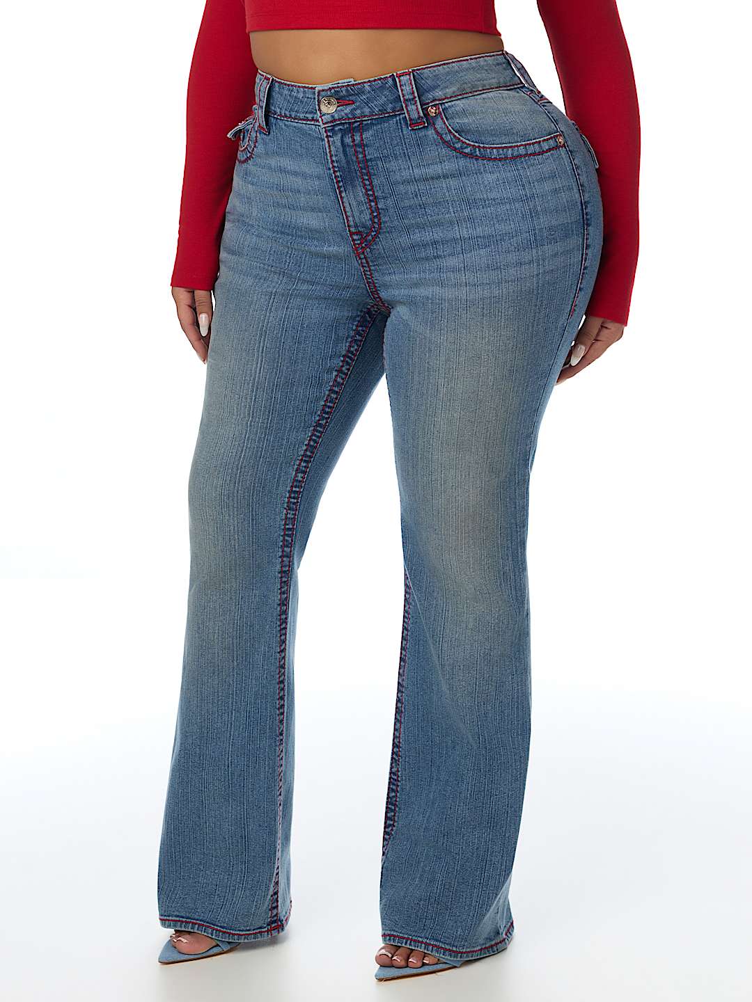 PLUS BECCA MID RISE BIG T FLAP BOOTCUT JEAN