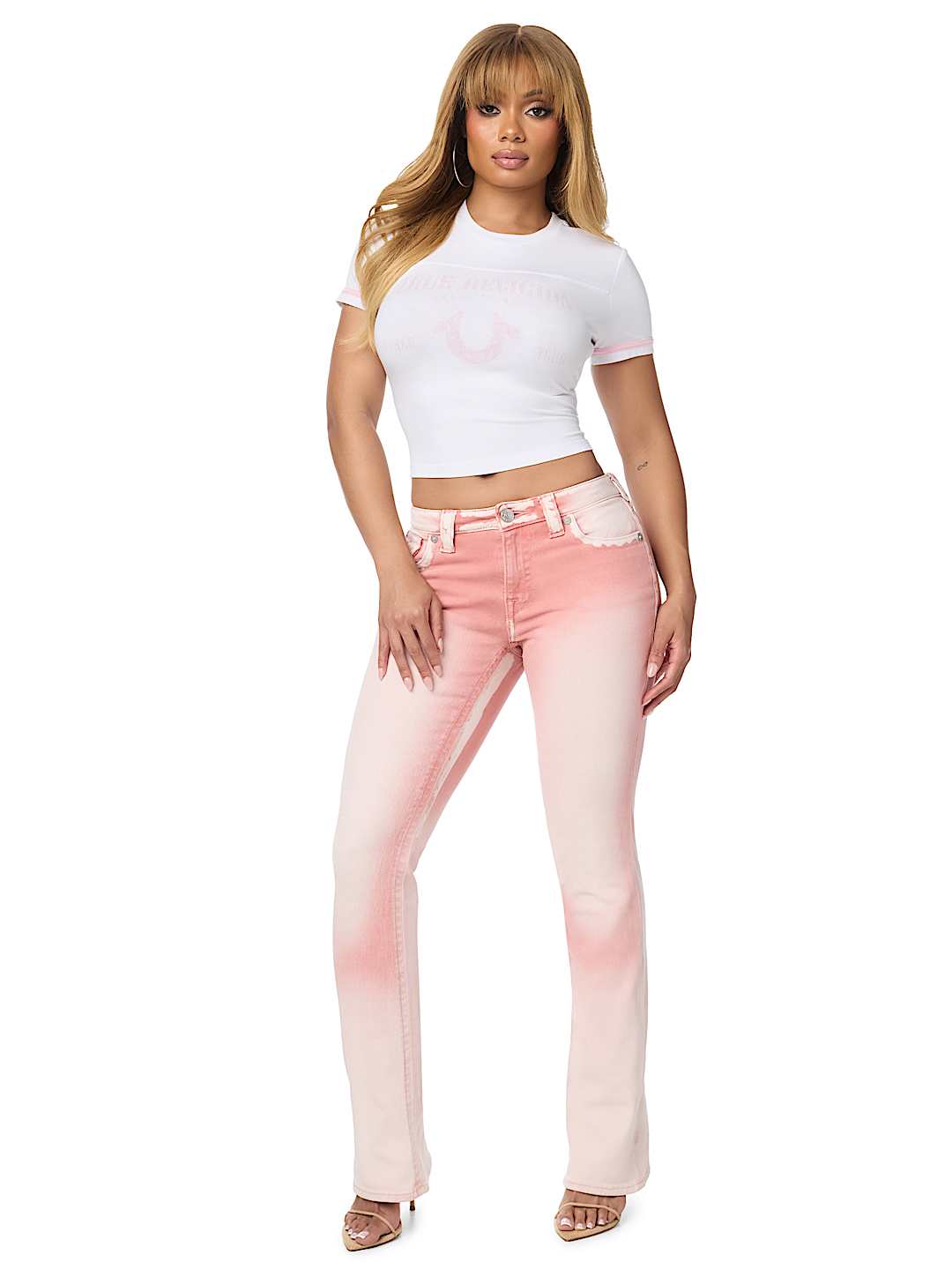 BECCA MID RISE PINK FLAP BOOTCUT JEAN