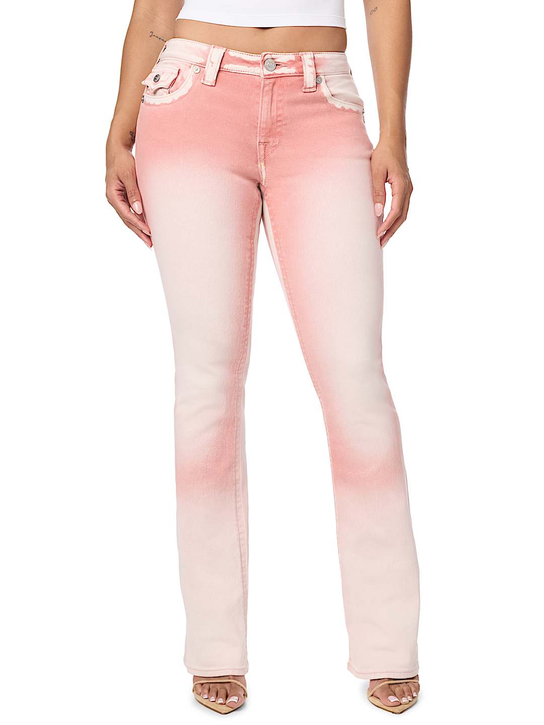 BECCA MID RISE PINK FLAP BOOTCUT JEAN