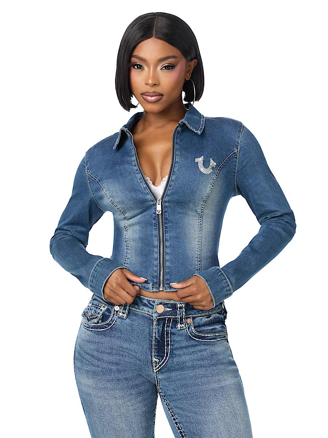 DENIM WING DOUBLE-ZIP CHAMBRAY SHIRT