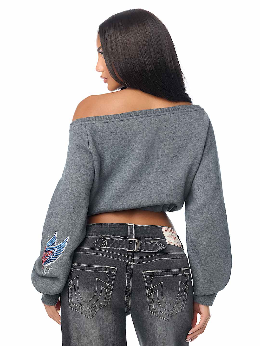 EMBROIDERED BUDDHA OFF-THE-SHOULDER TOP