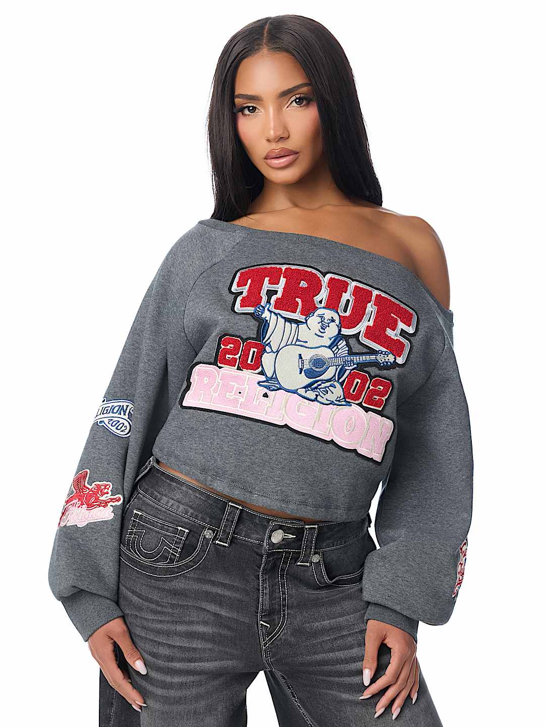 EMBROIDERED BUDDHA OFF-THE-SHOULDER TOP