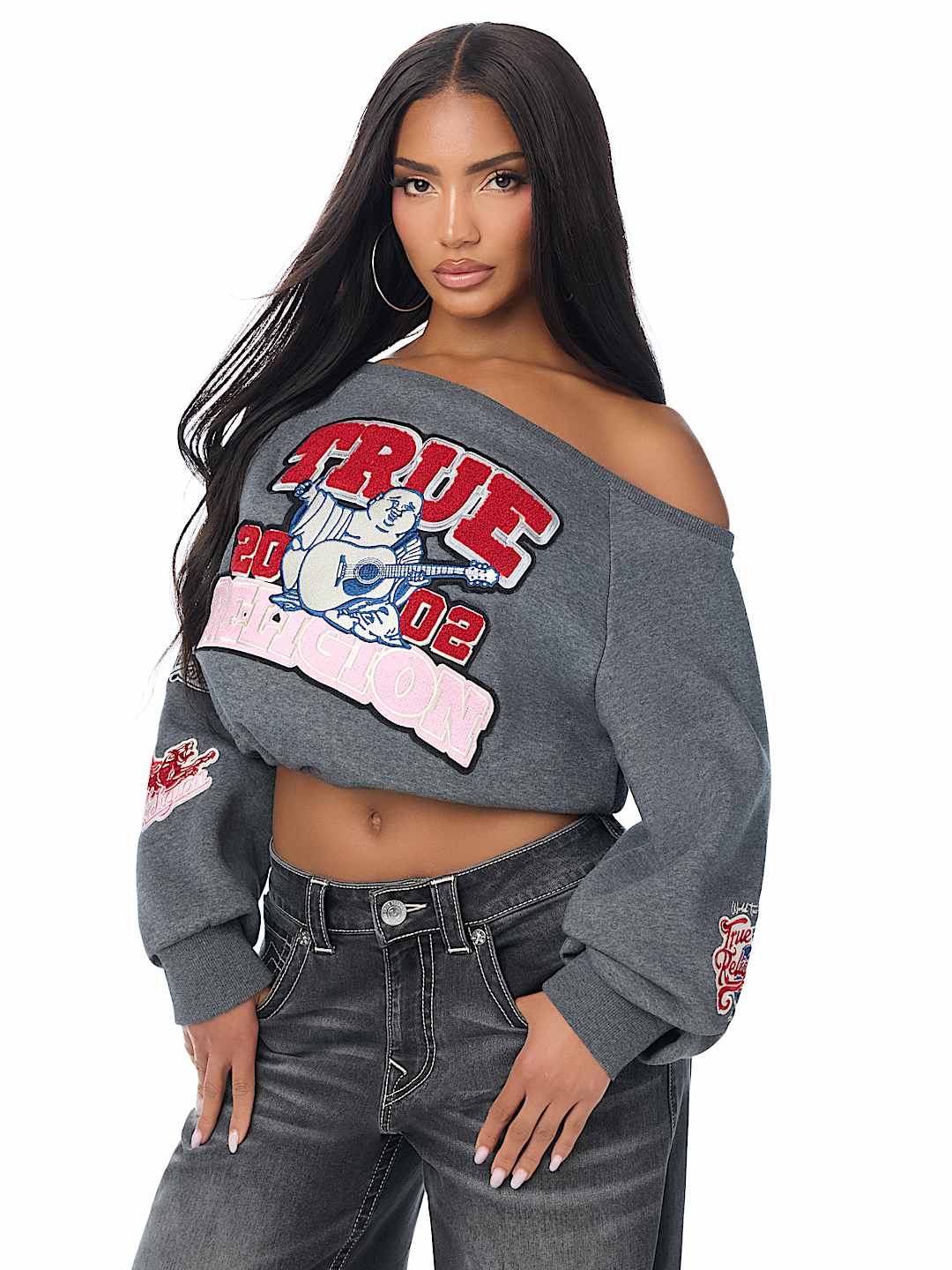 EMBROIDERED BUDDHA OFF-THE-SHOULDER TOP