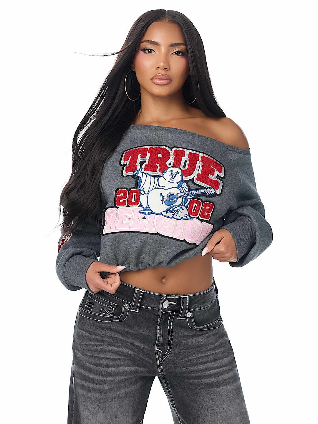EMBROIDERED BUDDHA OFF-THE-SHOULDER TOP
