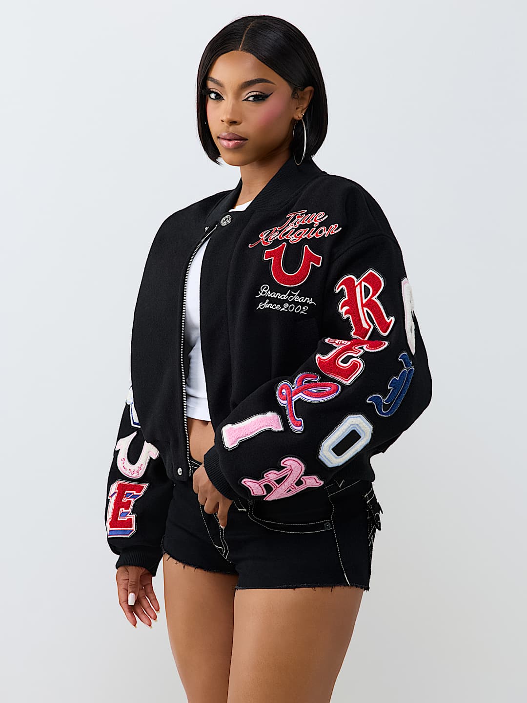 EMBROIDERED VARSITY GIRLFRIEND RELAXED BOMBER JACKET