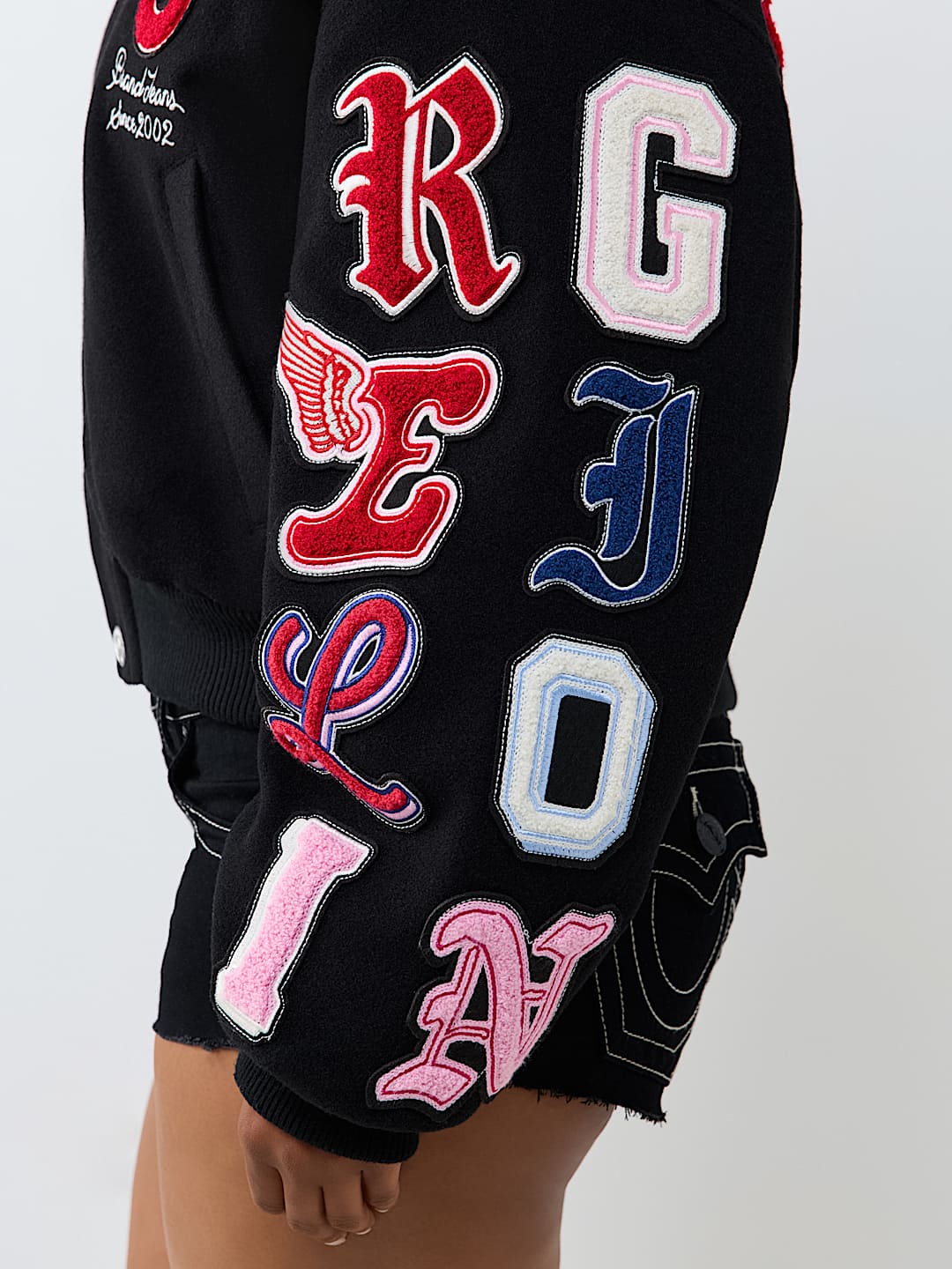 EMBROIDERED VARSITY GIRLFRIEND RELAXED BOMBER JACKET