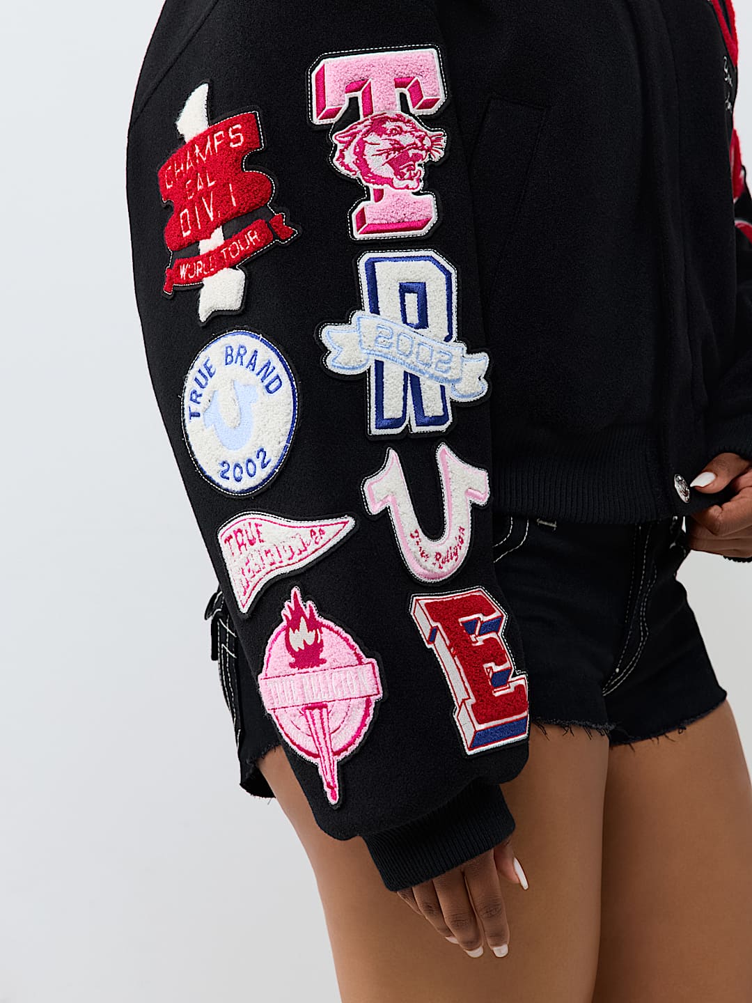 EMBROIDERED VARSITY GIRLFRIEND RELAXED BOMBER JACKET