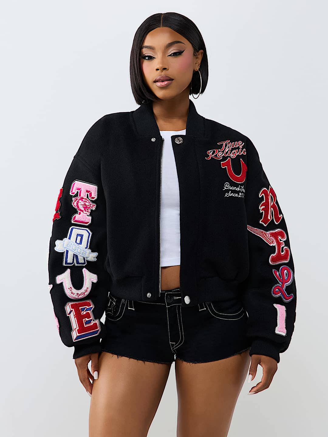 EMBROIDERED VARSITY GIRLFRIEND RELAXED BOMBER JACKET