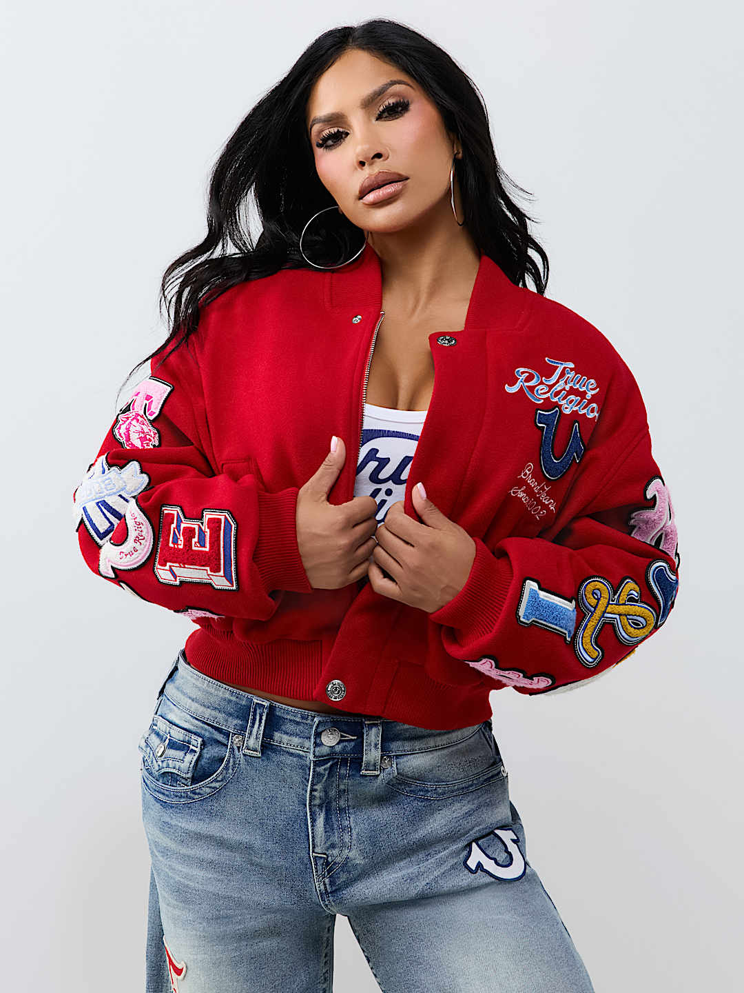 EMBROIDERED VARSITY GIRLFRIEND RELAXED BOMBER JACKET