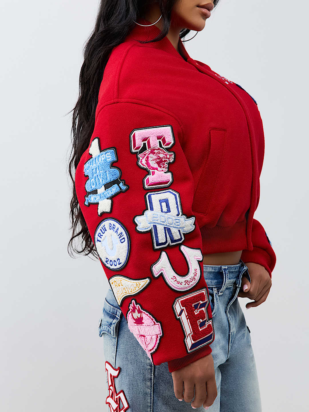 EMBROIDERED VARSITY GIRLFRIEND RELAXED BOMBER JACKET