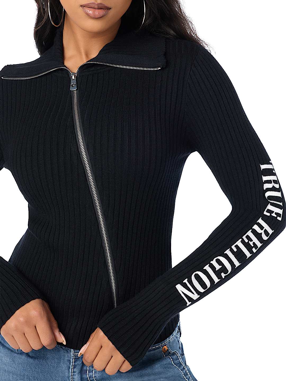 EMBROIDERED ASYMMETRICAL ZIP SWEATER TOP